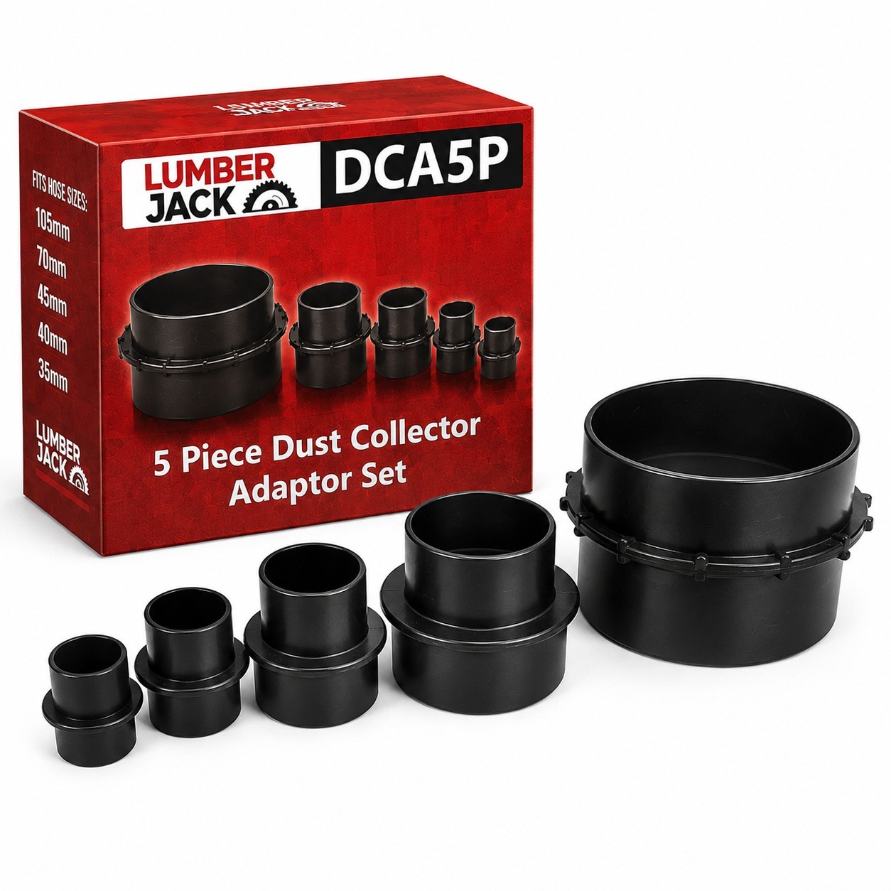 B&Q - Lumberjack 5 Piece Dust Extractor Adaptor Set Adapts 100 mm Hose To 105 mm70 mm45 mm40 mm & 35 mm Universal Extraction Acces - Image 2