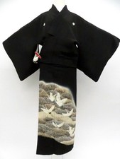 Japanese Vintage Kimono Kuro-Tomesode Silk Crane 5 Crests Made in Japan eb-1425