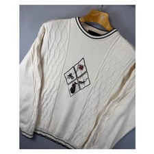 Vintage Bill Blass Golf Sweater Men Size L Cream Cable Knit Embroidery Y2K Stain