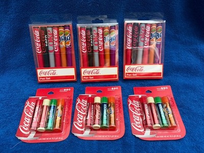3 COCA-COLA PEN SET 6 PENS, Plus 3 LIP SMACKERS SEALED - Goody Bag Filler Gifts