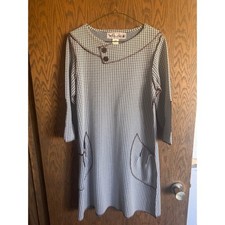 Beebop & Wally Houndstooth Knit Dress Blue White Button Neck Pockets Womens M