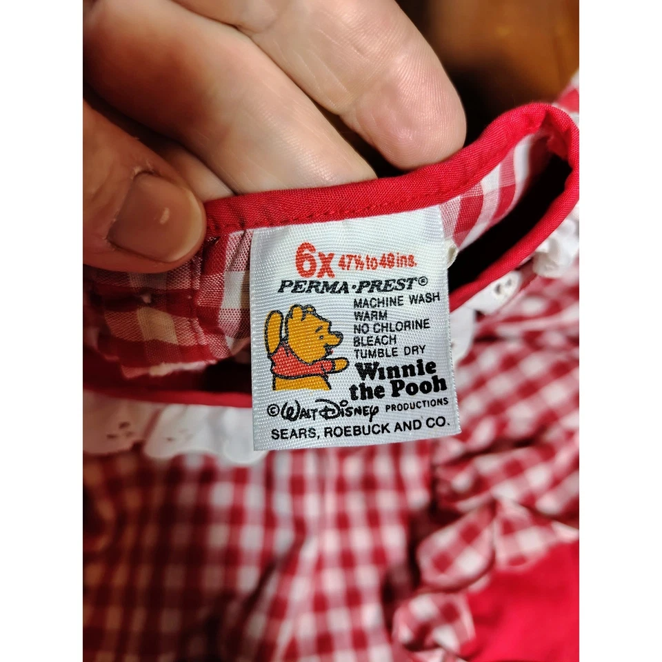 Vintage Winnie the Pooh Sears Girls Gingham Ruffle Dress 6X Red White - Image 4 of 4