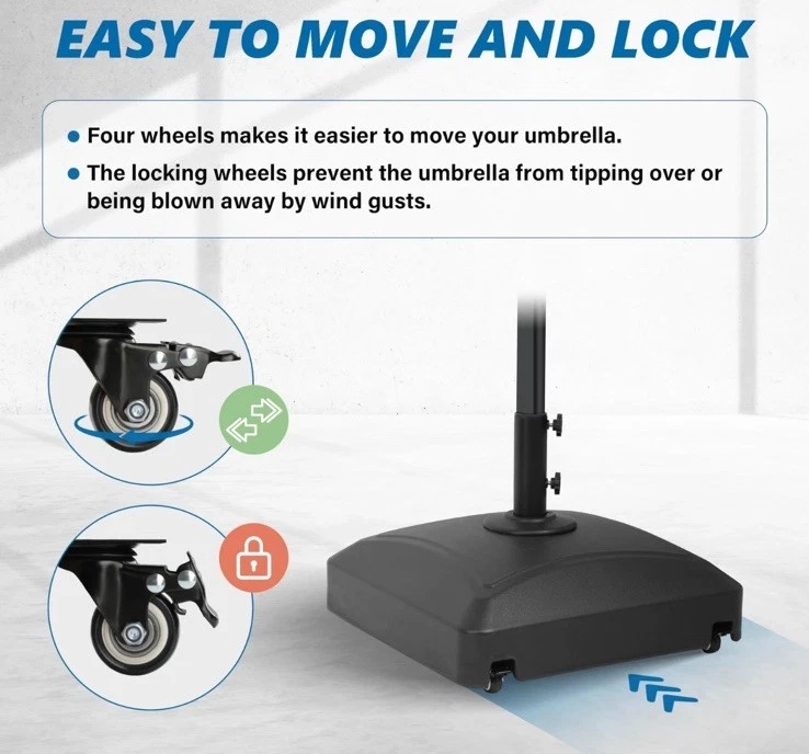 Base paraguas móvil rellenable de 125 lb de capacidad con 4 ruedas 2 cerraduras 2 perillas Foto 3 de 4