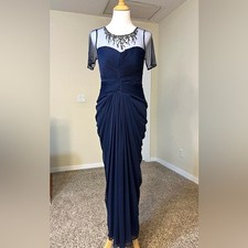 Adrianna Papell Lace Yoke sequins beaded jewelry Drape Gown Navy blue formal 8