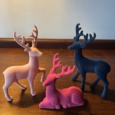SET of 3 FLOCKED REINDEER FIGURINES some Dark Pink, Light Pink, Blue Christmas