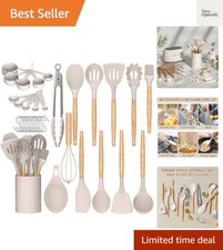 Versatile 33-Piece Silicone Cooking Utensils Set - Wooden Handles, Easy Storage