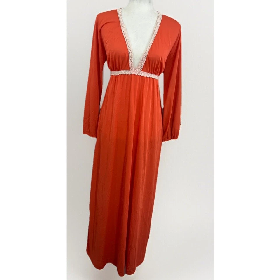 Vintage 60s Gilead Lace Trim Long Nightgown Empire Plunge Coral Women SZ Large - Image 4 of 4