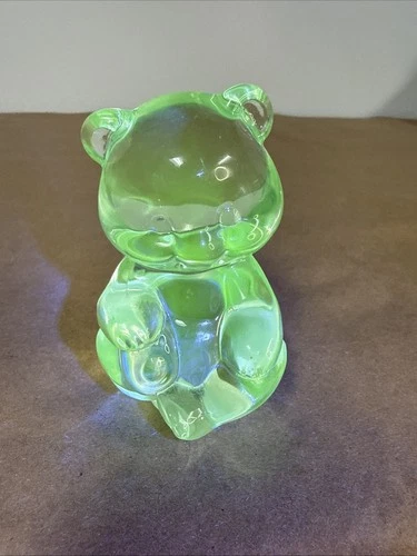 Fenton Clear Glass Manganese Green Glowing 3.75" Bear Paperweight Figurine