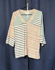 Sugarfox Medium Color Block Striped V-Neck Top with 3/4 Sleeves