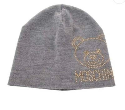 MOSCHINO Teddy Bear Studded Wool Beanie Women's One Size Light Gray NWOT