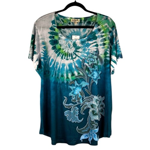 One World Tie Dye 90's Y2K Floral Casual Short Sleeve Top Size 3X New with tags!