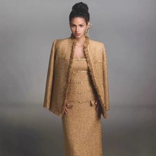 Women's Tweed Wool Long Sleeve Jacket Nail Bead Tassel Coarse Woolen Short Coats