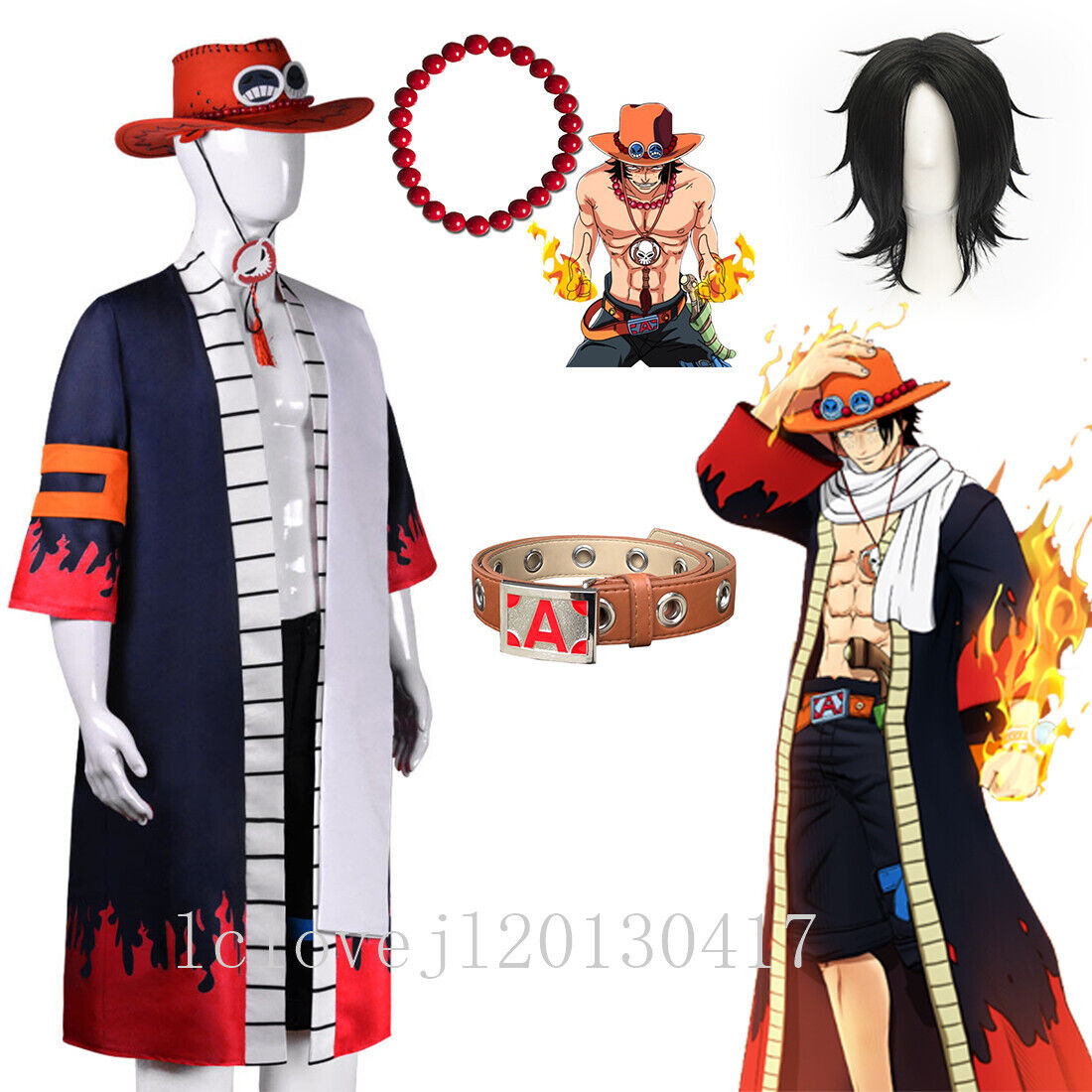 Cosplay Anime One piece Portgas·D· Ace Costume Halloween Suit Wig Outfit  Coat