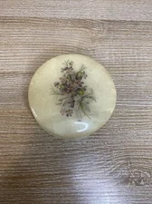 4" Purple Violets Alabaster Vanity Trinket Powder Hinged Box