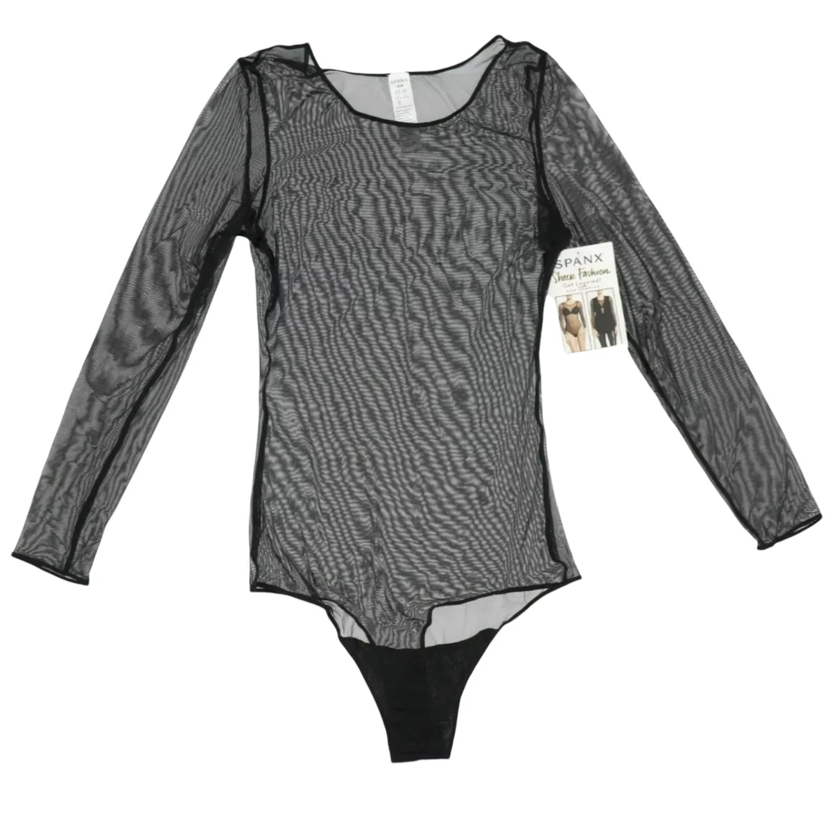 Spanx Mesh Bodysuit Thong Black Long Sleeve Lightweight Sheer Fashion  20119R