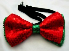 Unisex Red Sequin with Green Tips Tuxedo Style Adj Pre-Tied Strap Bow Tie-New 