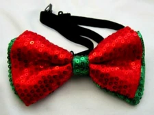 Unisex Red Sequin with Green Tips Tuxedo Style Adj Pre-Tied Strap Bow Tie-New!!