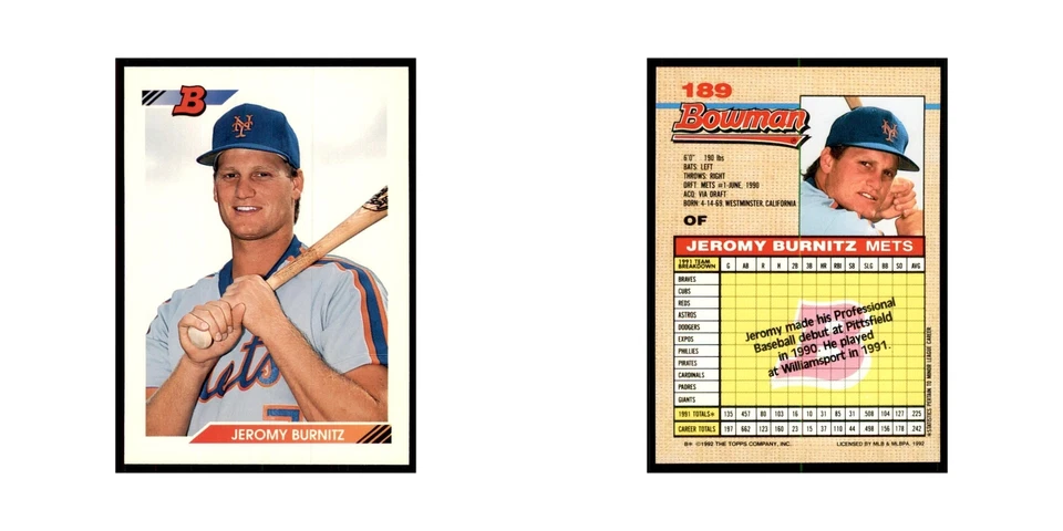 1992 Bowman Jeromy Burnitz Baseball Cards #189 - Image 3 of 3