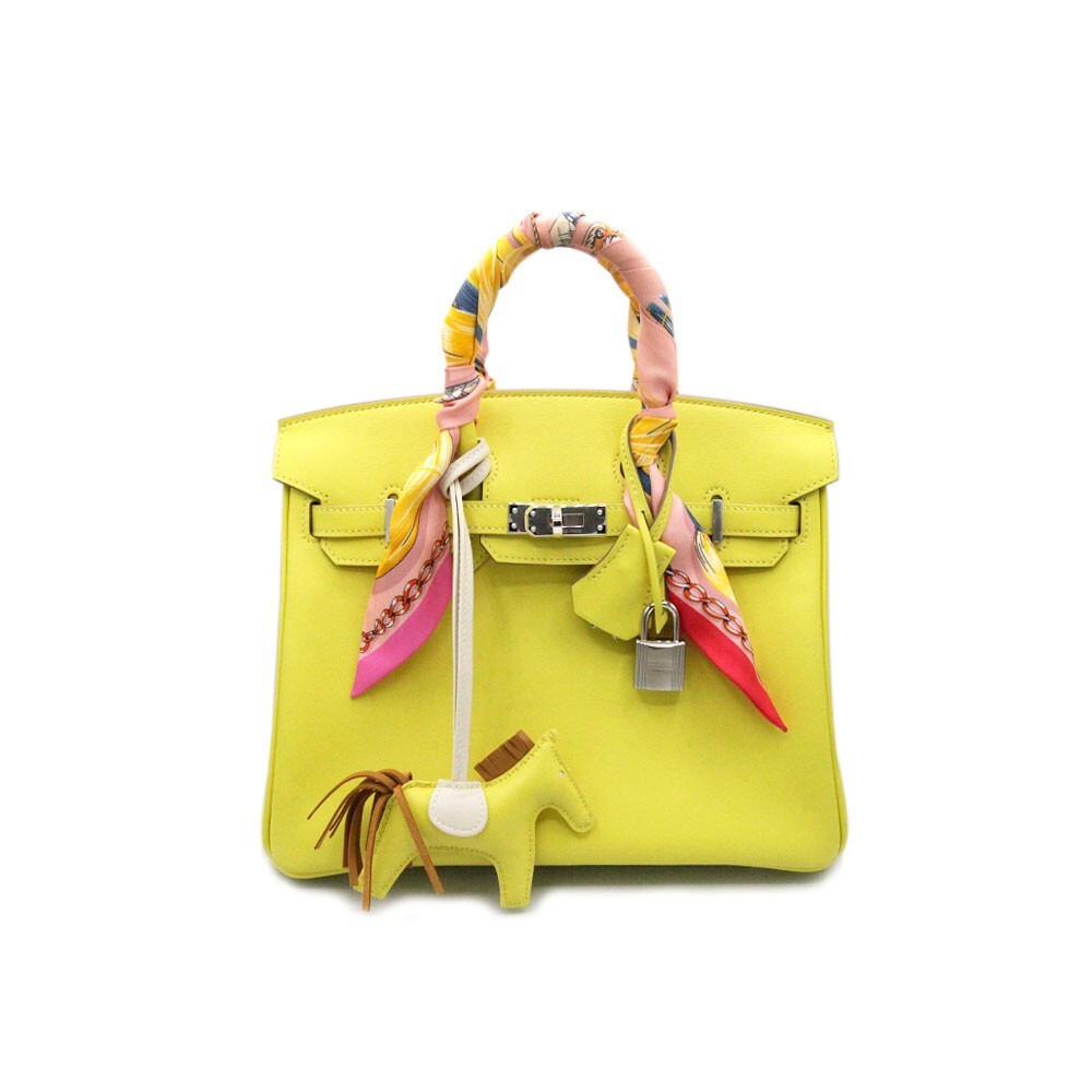 Hermes Birkin 25 Lime Swift PHW Handbag with Twillys and Hermes
