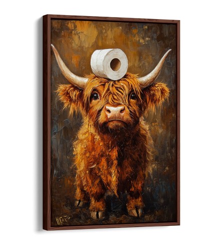 HIGHLAND COW CUTE BATHROOM WALL ART -FLOAT EFFECT FRAMED CANVAS ART PRINT - Picture 2 of 12