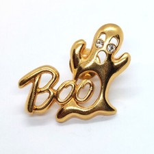 Boo Ghost Halloween Pin Gold Tone Rhinestone Eyes Lapel Vintage Collectible