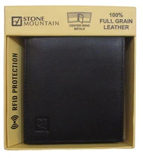 STONE MOUNTAIN BLACK LEATHER WALLET BIFOLD RFID MENS NEW IN GIFT BOX $50 MSRP