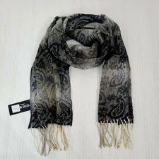 Steve Madden Womens Scarf Black Ombré Paisley Fringe Mid Weight Muffler Grey 