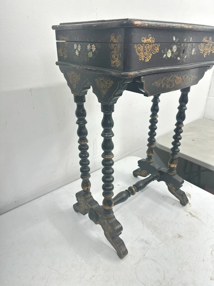 antique Victorian work Sewing Table Dressing Stand Mother Of Pearl Polychrome - Image 4 of 4