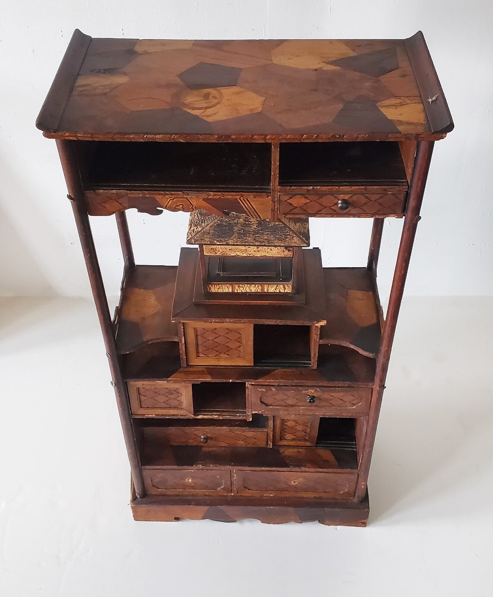 Antique 19th C. Japanese Parquetry Wood 'Shadona' Etagere Display
