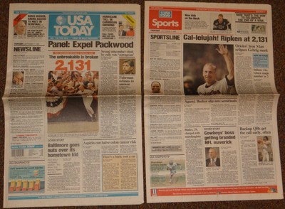 Cal Ripken Jr. 2,131 Game Streak Record USA Today Newspaper 9-7-1995 UNREAD