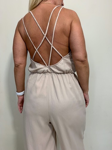 NEW ZARA Beige double stewpot back jumpsuit V neck Sleeveless size S #2856 - Picture 5 of 5