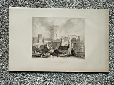 St David's Cathedral, North West View - Antique Print - 1842