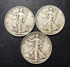 Lot of 3 Walking Liberty 90% Silver Half Dollars - 1937-P, 1937-S,!937-D F-VF