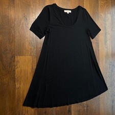 Loft Black midi swing dress with V-neck, short sleeves, and scooped hem Small