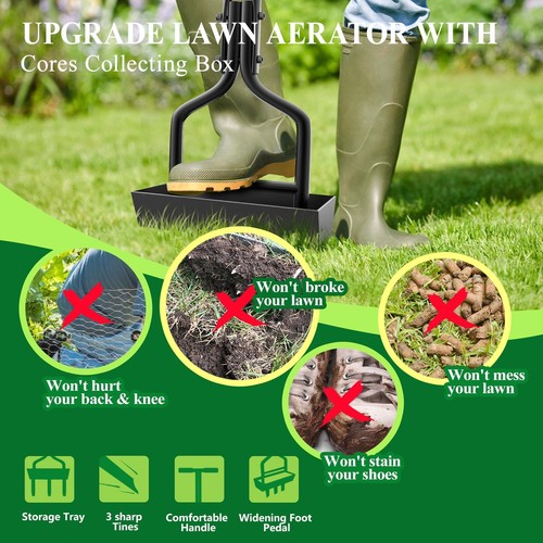 EEIEER Lawn Aerator, Hollow Tine Aerator Core Aerating with Storage Tray and - Picture 2 of 5