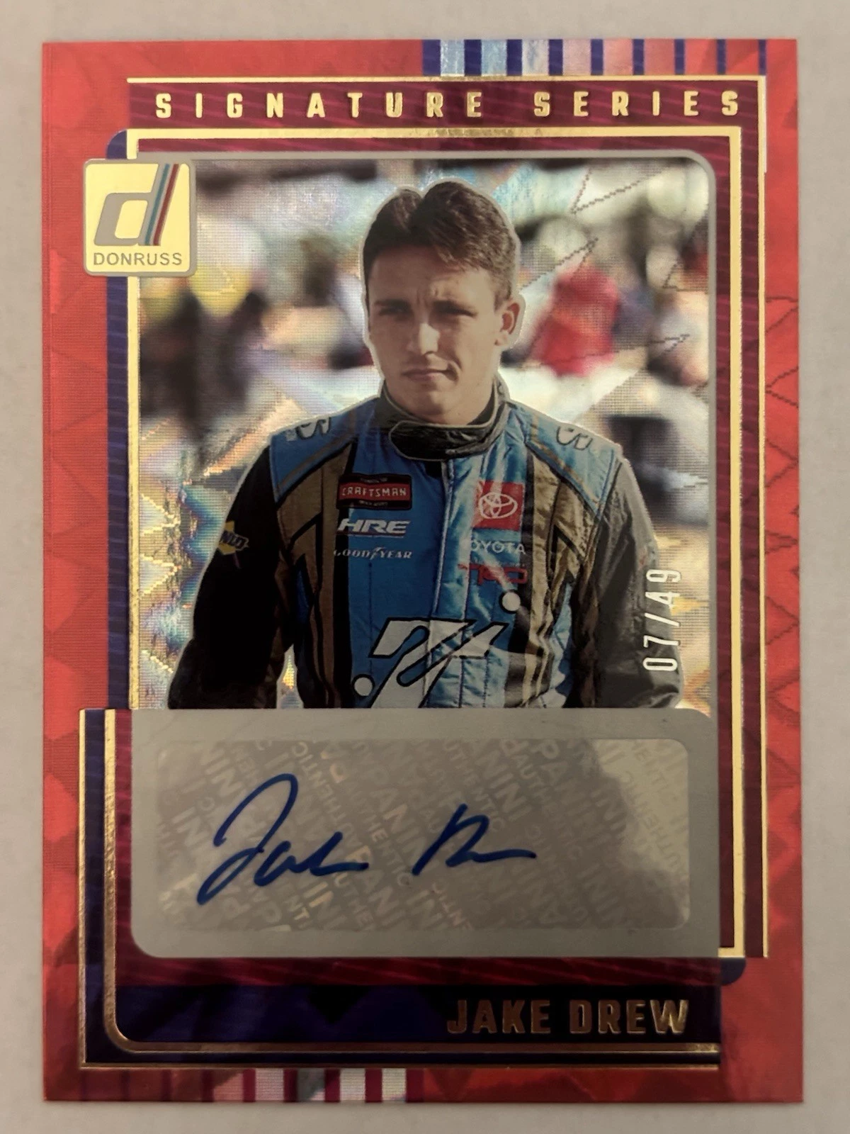 2025 Donruss Racing Jake Drew Red Xplosion Signatures 07/49 SSP #SS-JDW