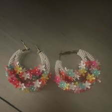 Multicolor Beaded Flower Hoop Earrings Flowers  Plants Theme