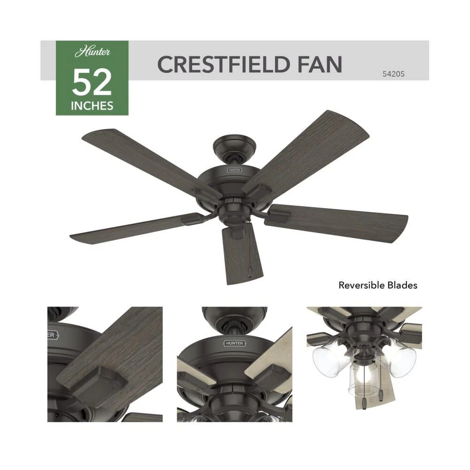 Ventilador de techo Hunter Fan Crestfield 52 pulgadas bronce blanqueado gris pino Foto 3 de 4