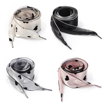 4Pair Organza Schnürsenkel mit Schwarz Herzmuster 3.8CM Breit Flach Band Schuhe - Bild 1 von 4
