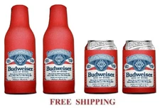 BUDWEISER 2 BEER BOTTLE KOOZIE + 2 CAN HUGGIE COOLIE 12oz COOZIE COOLER RED NEW