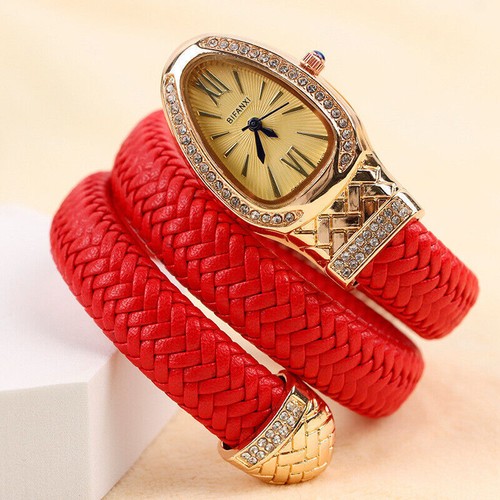 Women Diamond Spiral Leather Bling Serpentine Quartz Watch Snake Bracelet Watch - Picture 16 of 21