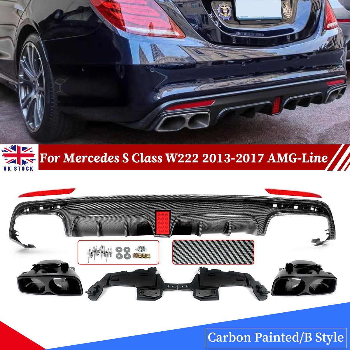 CARBON ABS REAR DIFFUSER TAILPIPE FOR MERCEDES S CLASS W222 BRABUS STYLE 2013-17