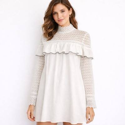 MissOrd Guipure Lace Mini Dress Size SMALL White Ruffle Romantic Ethereal Whimsy