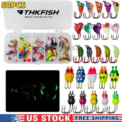 THKFISH 50PCS Ice Fishing Jigs Lures Glow Winter Jig Heads Hooks kit Ice Fishing Gear US