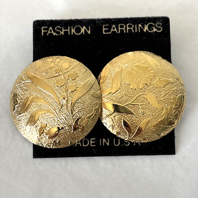 Etched Gold tone Button Earrings Bold Pierced 1.5'' USA Made