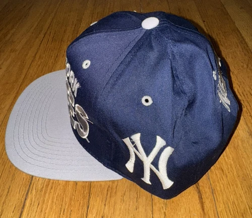 Vintage New York Yankees Wave Hat Snapback MLB Baseball Blue Gray The G Cap - Picture 2 of 6