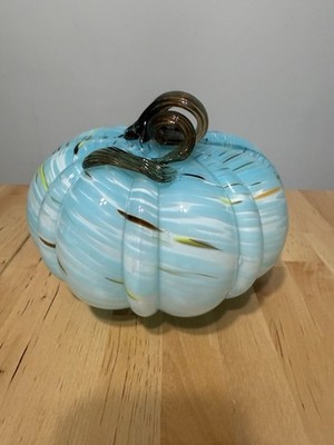 Art Glass Blue & White Pumpkin Led Light Up W/Stem 6 X7  Read!