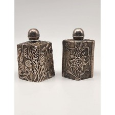 Vintage Silver Tone Repousse Floral Metal Perfume Bottles Set of 2 Botanical