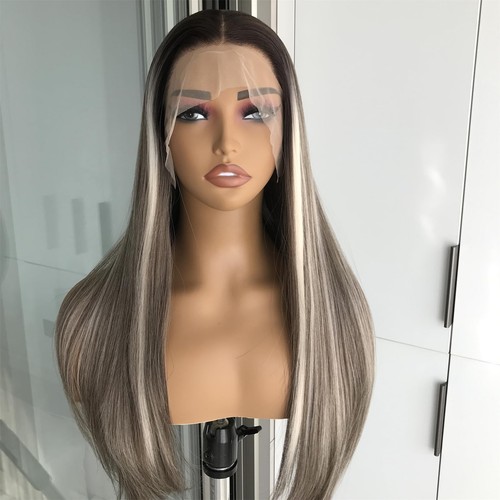 Ashy Brunette with Blonde Highlights Straight Synthetic Lace Front Wig for Wo... - Picture 2 of 7