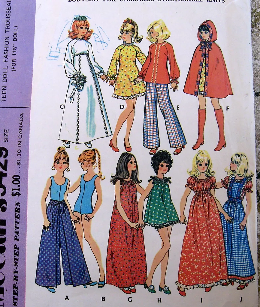 Vtg 70s Fashion 11.5 Doll Clothes pattern swimsuit romper cape